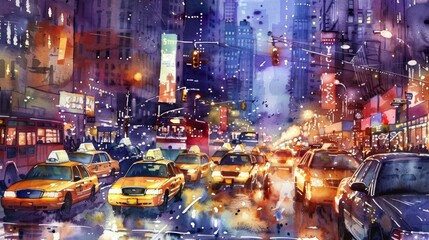 An artistic watercolor depiction of a bustling cityscape with taxis buses