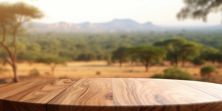 The empty wooden brown table top with blur background of Savanna Safari. Exuberant image. generative AI