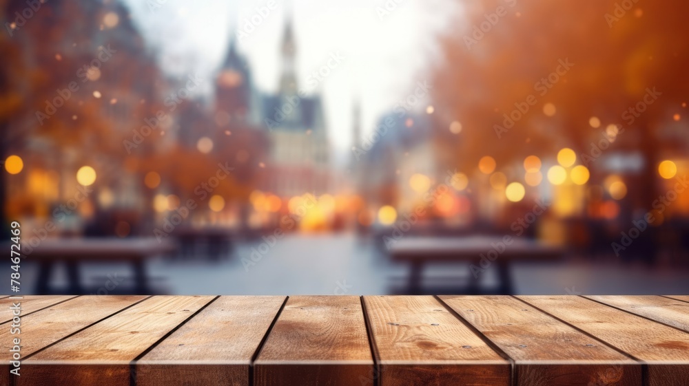Poster the empty wooden table top with blur background of town square. exuberant image. generative ai