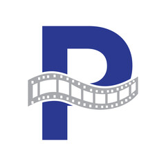 Letter P with Films Roll Symbol. Strip Film Logo For Movie Sign and Entertainment Concept