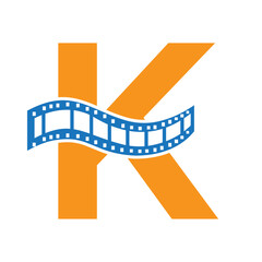 Letter K with Films Roll Symbol. Strip Film Logo For Movie Sign and Entertainment Concept