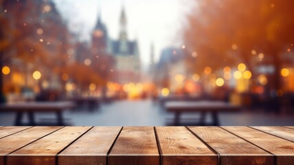 The empty wooden table top with blur background of town square. Exuberant image. generative AI - obrazy, fototapety, plakaty