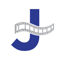 Letter J with Films Roll Symbol. Strip Film Logo For Movie Sign and Entertainment Concept