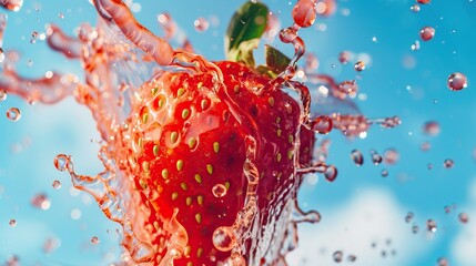 A spectacular sight unfolds as a waterfall splash of vibrant strawberry juice creates a liquid explosion, capturing the refreshing essence and vibrant color of this delicious fruit in motion. - obrazy, fototapety, plakaty