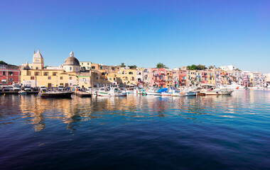Marina Grande harbor with colorful old houses of Procida island, Italy