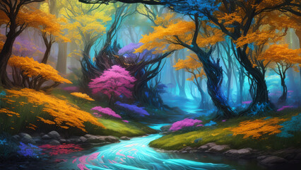 Fototapeta na wymiar A Vibrant, Whimsical Fantasy Painting Depicting Vibrant Jewel-Toned Colorful Enchanted Fantasy Forest with a River and Lavish Flowers