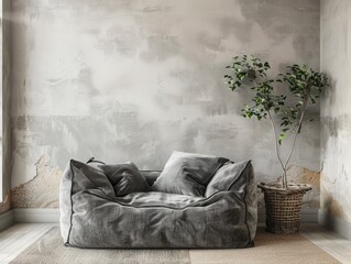 Grey snuggle chair against stucco wall. Boho home interior design of modern living room. 