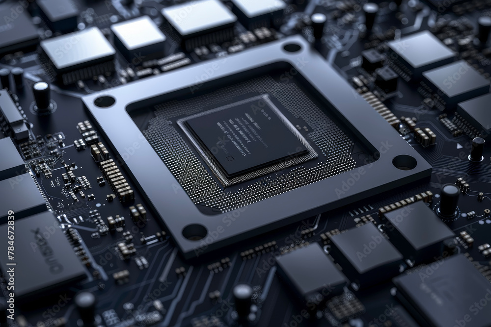 Poster a processor with a black and silver design and a stealth system on it