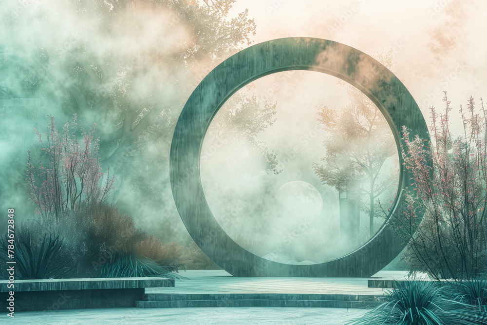 Poster a moon gate stands in a misty garden. beyond its circular frame, layers of color blend seamlessly--j