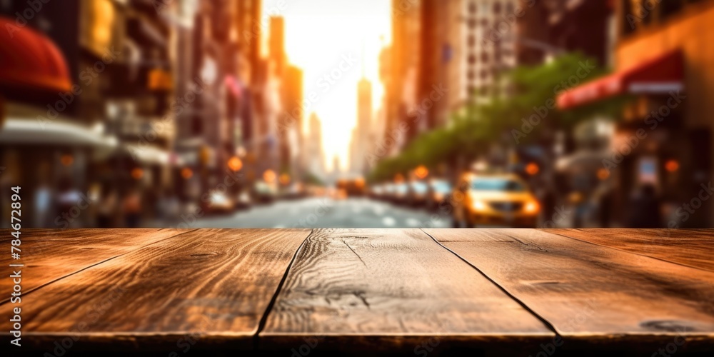 Poster the empty wooden table top with blur background of nyc street. exuberant image. generative ai