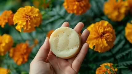 A close up hand holding a bar of homemade organic soap or solid shampoo, herbal Marigolds background, natural formula.