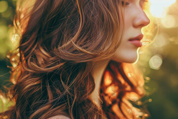 A woman with long brown hair, styled in soft waves and curls. The image shows her hair shining in the sunlight - Powered by Adobe