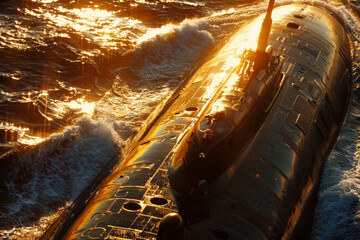 A submarine is in the water with the sun shining on it