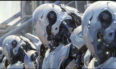 Fototapeta premium Capture the awe-inspiring details of towering, sleek, metallic Futuristic Robots from a low-angle perspective in a bold oil painting Highlights and shadows emphasize their intricate design, evoking a