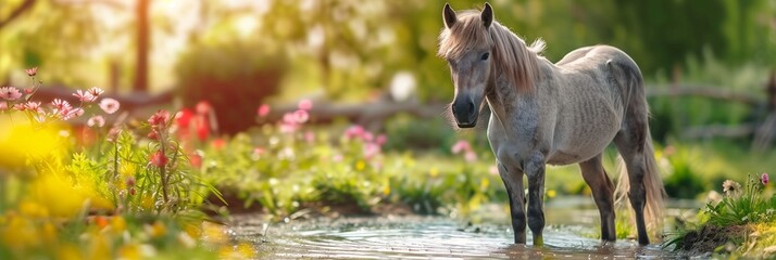 A horse is walking in a field with pound, flowers and a fence in the background, wide panoramic banner with copy space. - obrazy, fototapety, plakaty
