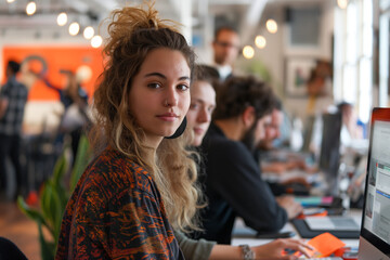 Fototapeta premium Urban Dreams: Creative Minds at Work features a young, dynamic professional at a bustling city workspace. Her look of wonder and joy encapsulates the vibrancy of urban life and the spirit of innovati