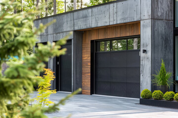 A close-up of a modern two-car garage. The garage is part of a contemporary home, with clean lines...