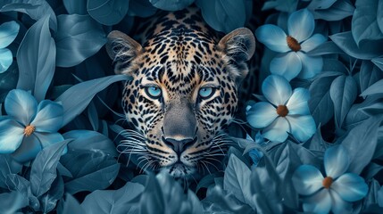 A leopard is in a night jungle with blue flowers, wild nature outdoor background.