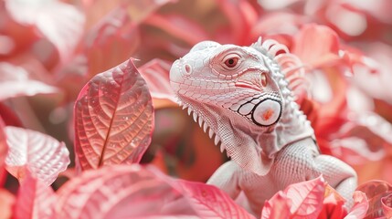 A lizard is laying on a bed of pink flowers and tropical leaves. Iguana in jungle nature background.