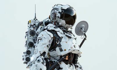 Fototapeta premium Capture the essence of a specialized robot designed for exploration with multiple arms equipped with high-tech sensors, a backpack filled with scientific equipment, and a satellite dish on its shoulde
