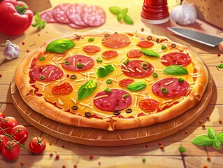 Italian Pizza illustration. Tasty hot junk food with cheese and salami. Panorama, copy space 
