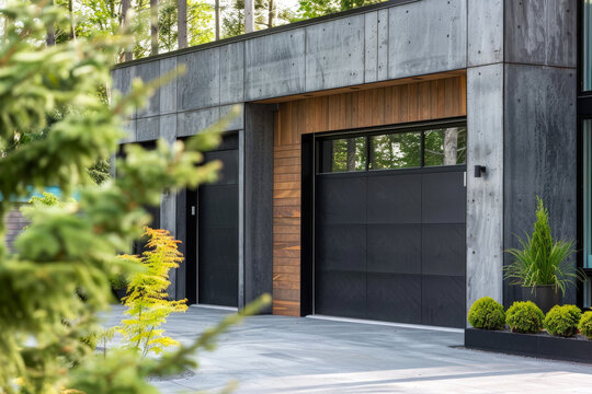 A close-up of a modern two-car garage. The garage is part of a contemporary home, with clean lines and a minimalist design