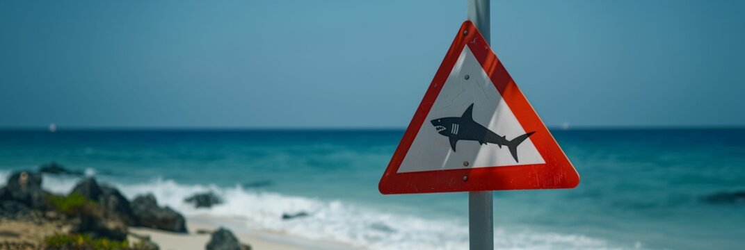A red and white beware of shark sign on the sea sand beach. Insurance case risk.