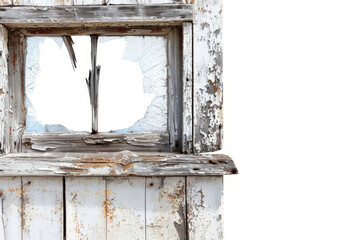 A close-up of an old wooden window, its peeling paint and broken pane isolated against a stark white backdrop.