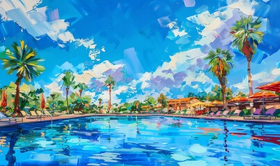 Capture the essence of summer leisure in a wide-angle acrylic painting Show vibrant poolside scenes with vivid colors and refreshing water reflections