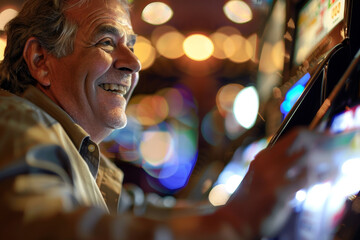Fototapeta na wymiar A detailed view of a cheerful middle-aged man at a casino