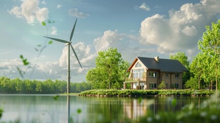 Layout with house, green trees and windmill. Concept of renewable energy and ecology, green energy. hyper realistic 