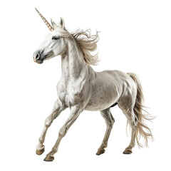Obraz na płótnie Canvas A white unicorn is running in the air, dynamic pose, isolated on white or transparent background, png clipart, design element.
