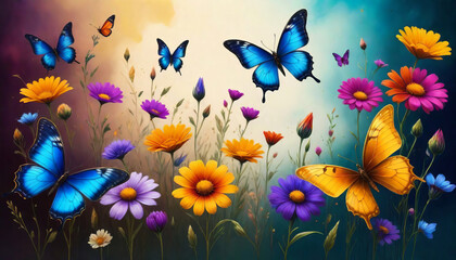 Fantasy artwork of a surreal vibrant, kaleidoscopic meadow filled with delicate and colorful butterflies and blooming, jewel-toned flowers