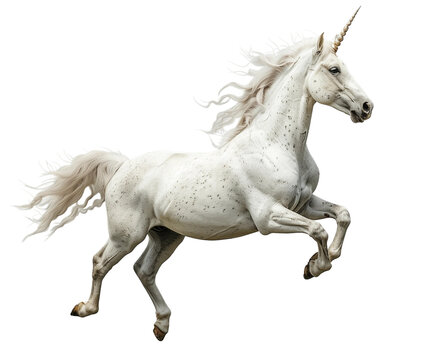 A white unicorn is running in the air, dynamic pose, isolated on white or transparent background, png clipart, design element.