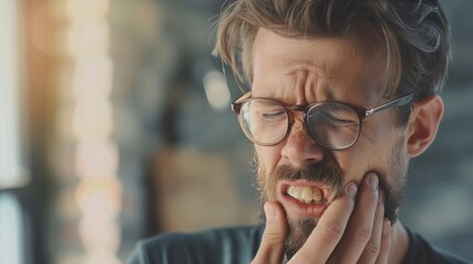 Man with toothache, periodontal disease in wisdom teeth, gum inflammation, dental pain, headache and migraine, health problems concept hyper realistic 
