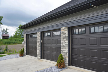 A detailed view of a two-car garage at a modern home. The garage doors are sleek and stylish, adding to the overall aesthetic of the house