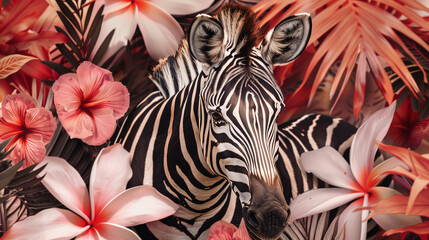 Beautiful Zebra portrait in tropical flowers, leaves and plants, soft pink colors. Horizontal sketchbook cover template. Wild jungle nature.