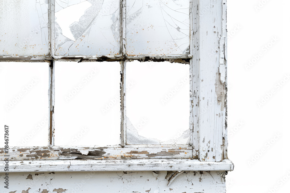 Poster a detailed view of an old window with peeling paint and a broken pane, isolated against a stark whit