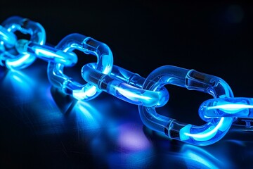 Glowing Neon Blue Chains on a Dark Background: A Conceptual Representation of Connectivity and Security