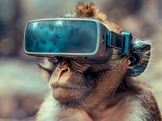 monkey wearing a virtual reality headset, reflecting the concept of animals interacting with technology. 