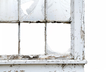 A detailed view of an old window with peeling paint and a broken pane, isolated against a stark white backdrop
