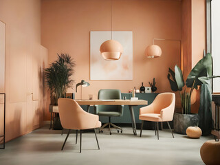 Workplace in peach fuzz 2024 color trend furniture. Painted gray walls and rich furniture - chairs and table with lamp. Pastel painting background. Large home office or coworking center. 3d render