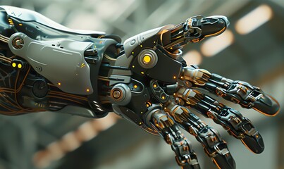 Fototapeta premium Capture the intricate details of robotic arms in a hyper-realistic digital rendering Highlight the metallic textures and precision engineering with CG 3D rendering