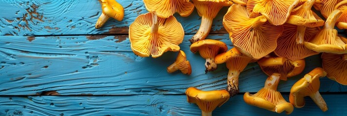 Fresh golden chanterelles piled on a blue surface, wide panoramic banner with copy space. - obrazy, fototapety, plakaty