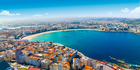 Panoramic view of the city of A Coruna. A large city in northwestern Spain, a resort and port. Galicia, Spain