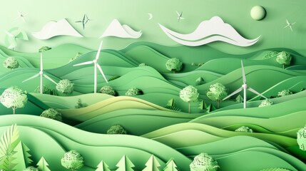 Paper art , renewable energy with green energy as wind turbines , Renewable energy by 2050 Carbon neutral energy , Energy consumption and CO2, Reduce CO2 emission concept, generative