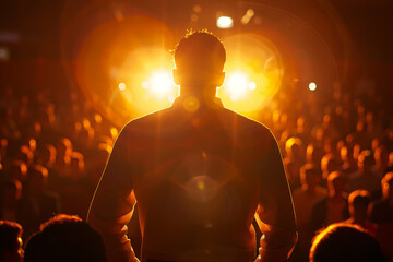 A man stands in front of a crowd of people, with the sun shining brightly on him