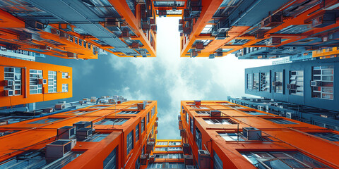 Blue-Orange Sunset: A Cubist Metropolis with Intricate Geometric Structures - obrazy, fototapety, plakaty