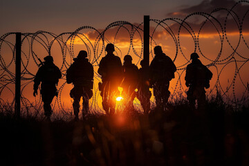 A group of soldiers are silhouetted against a sunset - Powered by Adobe