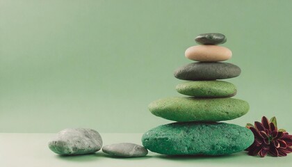 Balance Stones stacked into a green pyramid background for Spa ideas on rocks isolated pastel background Copy space